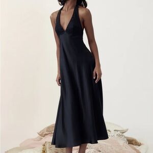 NWT Mirror Palais Halter Ballet Silk Lace Slip Gown Midi Maxi Dress Noir Black